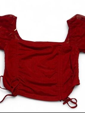 Women’s Red Square-Neck Puff Sleeve Crop Top